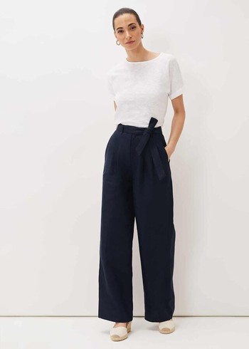 Phase Eight Aaliyah Linen Wide Legs Trousers Navy Canada | XNKLOR-957